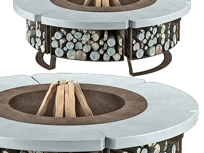 Round Outdoor Fire Pit With Gray Stone Top And Decorative Wood Log Storage 3d model