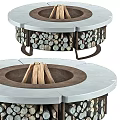 Round Outdoor Fire Pit With Gray Stone Top And Decorative Wood Log Storage