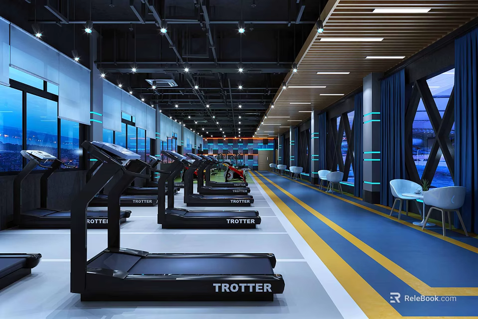 Modern Fitness Gym With Trotter Treadmills Track Lines And Large Screens 3d model 
