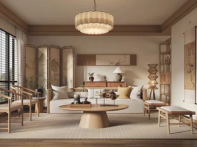 Traditional Chinese Living Room With Wooden Screen Sofa Coffee Table Bookshelf And Pendant Light 3d model