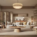 Traditional Chinese Living Room With Wooden Screen Sofa Coffee Table Bookshelf And Pendant Light