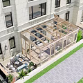 Sunlit Villa Balcony With Wooden Structure Large Glass Windows Green Plants And Lounger