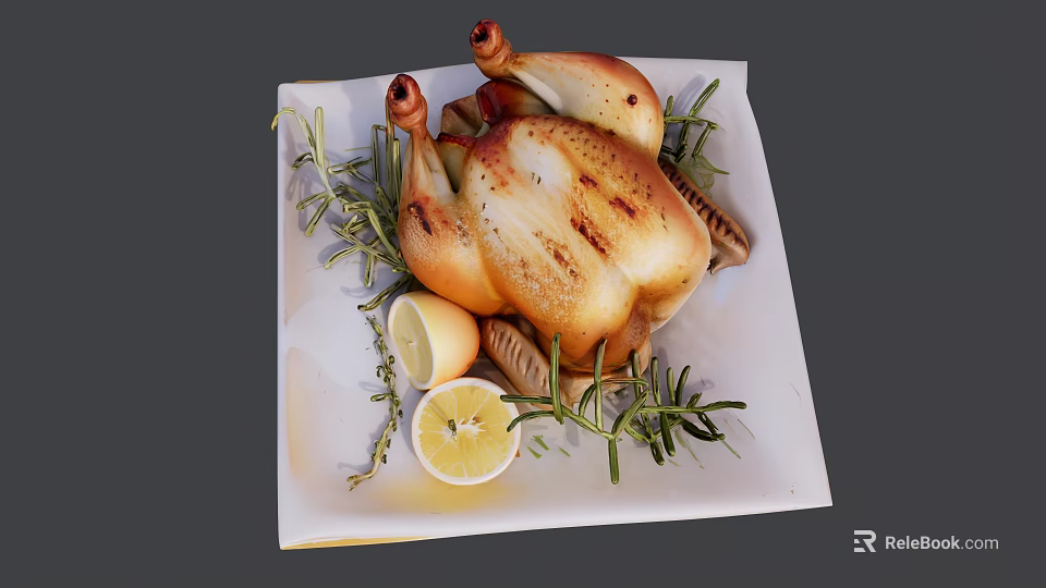 Delicious Roast Chicken With Fresh Rosemary And Lemon Slices On White Plate 3d model 