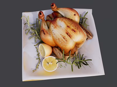 Delicious Roast Chicken With Fresh Rosemary And Lemon Slices On White Plate 3d model