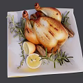 Delicious Roast Chicken With Fresh Rosemary And Lemon Slices On White Plate