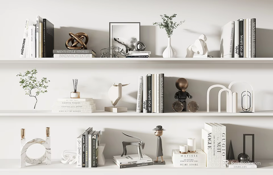 Modern Decorative Ornament Set On Shelves With Books Plants And Sculptures 3d model 