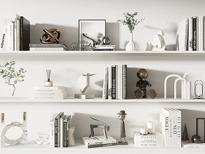 Modern Decorative Ornament Set On Shelves With Books Plants And Sculptures 3d model
