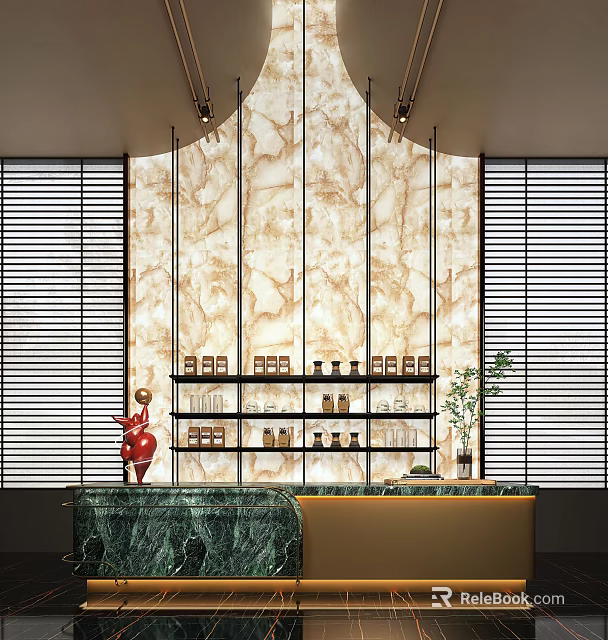 Elegant Bar Counter Interior With Marble Backdrop Open Shelves Bottles And Window Blinds 3d model