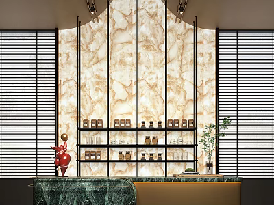 Elegant Bar Counter Interior With Marble Backdrop Open Shelves Bottles And Window Blinds 3d model