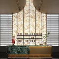 Elegant Bar Counter Interior With Marble Backdrop Open Shelves Bottles And Window Blinds 3d model