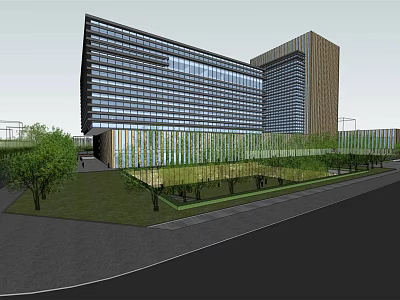Modern High Rise Office Building With Glass Facade Greenery And Trees 3d model
