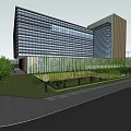 Modern High Rise Office Building With Glass Facade Greenery And Trees