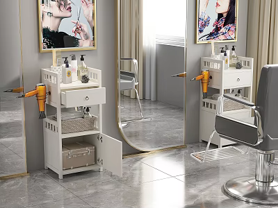 Hair Salon Storage Cabinet with Hair Dryer and Care Products Near Mirror and Barber Chair 3d model