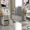 Hair Salon Storage Cabinet with Hair Dryer and Care Products Near Mirror and Barber Chair