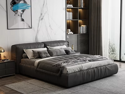 Modern Dark Leather Double Bed With Marble Wall Bookshelf And Art Painting 3d model