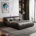 Modern Dark Leather Double Bed With Marble Wall Bookshelf And Art Painting