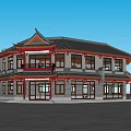 Traditional Chinese Ancient Building With Two Story Structure Curved Eaves Red Pillars And Wooden Windows