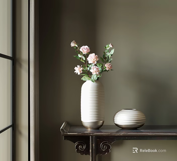 Elegant White Striped Vase with Pink Blooms Green Leaves on Dark Wooden Table and Neutral Wall 3d model 