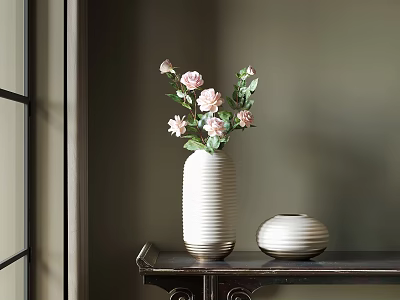 Elegant White Striped Vase with Pink Blooms Green Leaves on Dark Wooden Table and Neutral Wall 3d model