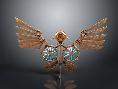 Copper Colored Electric Toy Featuring Movable Wings Blue Circular Parts and Decorative Mechanical Gears 3d model