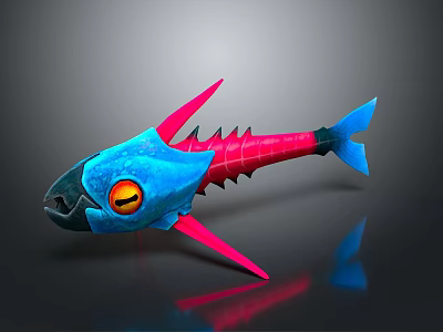 Fantasy Character Creature Design With Blue Body Sharp Pink Fins And Large Yellow Eyes 3d model