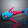 Fantasy Character Creature Design With Blue Body Sharp Pink Fins And Large Yellow Eyes