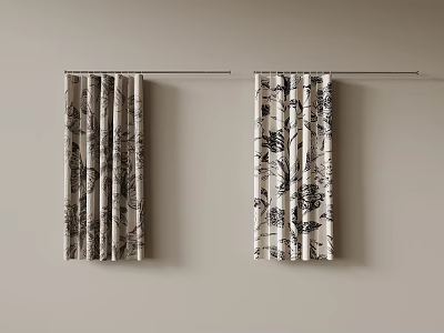 Stylish Curtains With Black And White Floral Patterns Against Beige Wall And Silver Curtain Rod 3d model