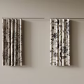 Stylish Curtains With Black And White Floral Patterns Against Beige Wall And Silver Curtain Rod