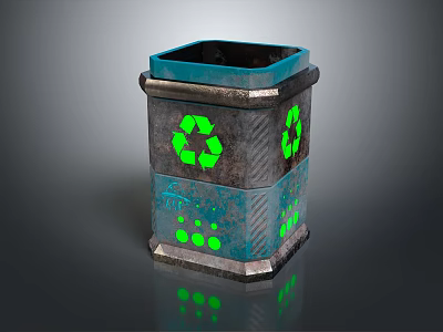 Blue And Gray Recycling Trash Bin With Green Recycling Symbols And Metal Design 3d model