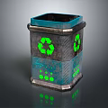 Blue And Gray Recycling Trash Bin With Green Recycling Symbols And Metal Design
