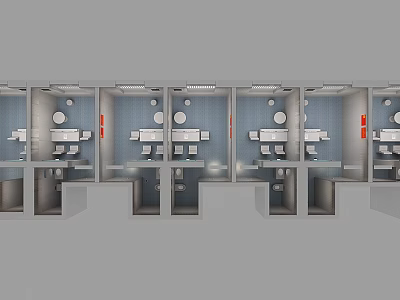 Public Restroom Interior With Multiple Stalls Blue Walls And Gray Doors 3d model