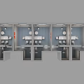 Public Restroom Interior With Multiple Stalls Blue Walls And Gray Doors