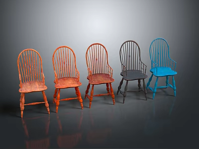 Five Multicolored Wooden Accent Chairs With Carved Backrest Armrests In Casual Style On Dark Background 3d model
