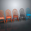Five Multicolored Wooden Accent Chairs With Carved Backrest Armrests In Casual Style On Dark Background
