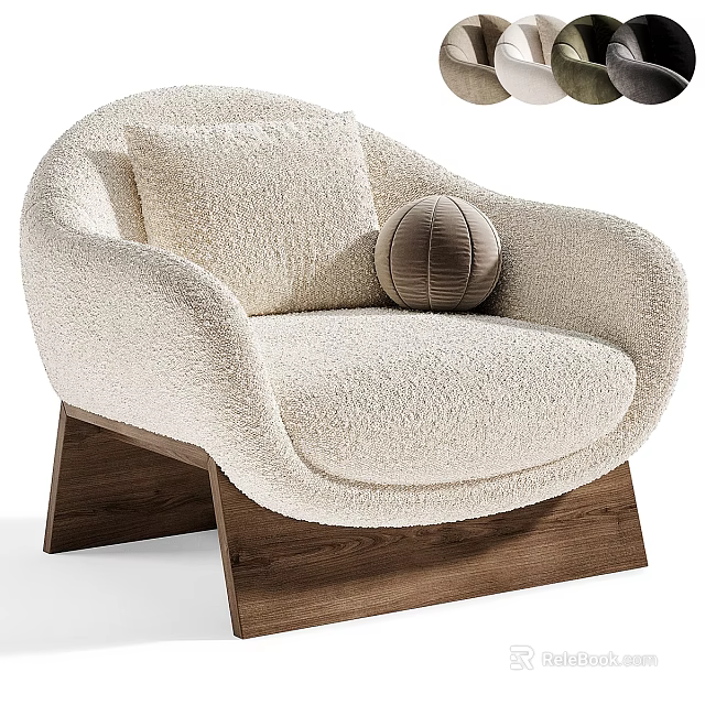 Comfortable Cream Plush Armchair With Wooden Legs Decorative Pillow and Ball 3d model 