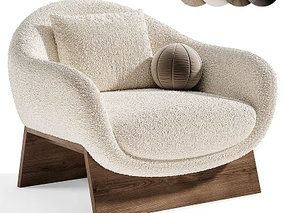 Comfortable Cream Plush Armchair With Wooden Legs Decorative Pillow and Ball 3d model