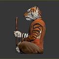 Tiger Figure Sculpture In Sitting Posture With Orange Robe And Staff And Neck Beads Decoration