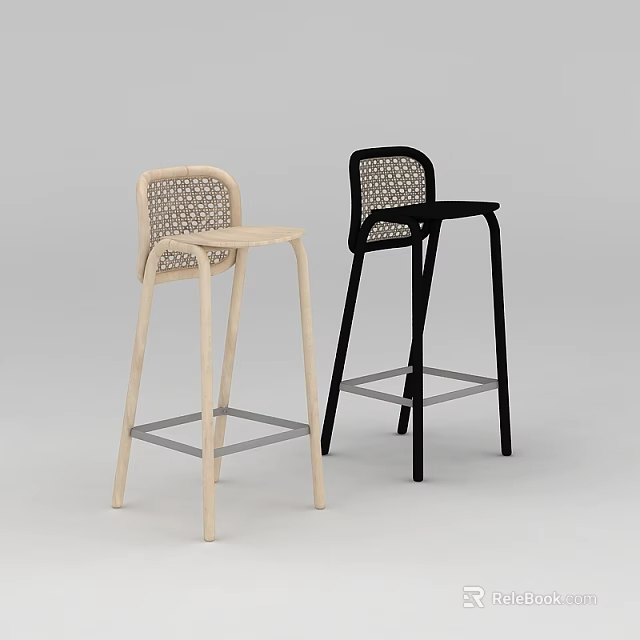 Tech Exhibition Hall Displaying Modern Woven Bar Stools with Metal Frames in Two Tones 3d model