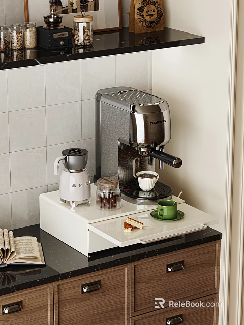 Modern Tableware Set With Coffee Machine Grinder Cup And Bread On Kitchen Countertop 3d model