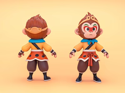 Cartoon Monkey Character Game Movie With Yellow Top Red Decorations Blue Scarf Front Back Views 3d model