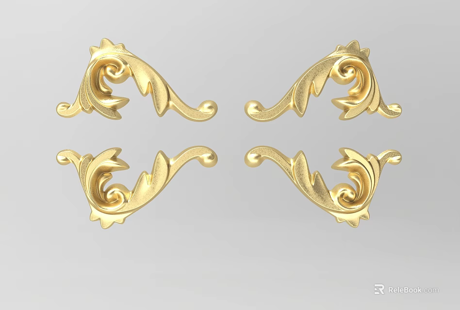 Golden Carved Decorative Ornaments with Curved Patterns for Furniture Decor 3d model 