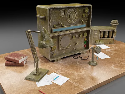 Vintage Commercial Equipment Console With Desk Lamp Microphone Books Papers And Pencil On Wooden Table 3d model