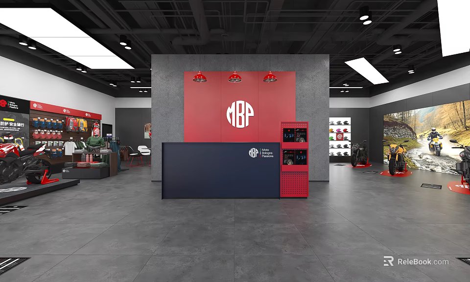 Modern Showroom Interior Design With Red Navy Reception Desk RBP Logo And Display Areas 3d model 