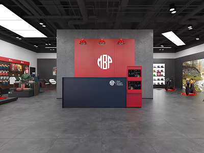 Modern Showroom Interior Design With Red Navy Reception Desk RBP Logo And Display Areas 3d model