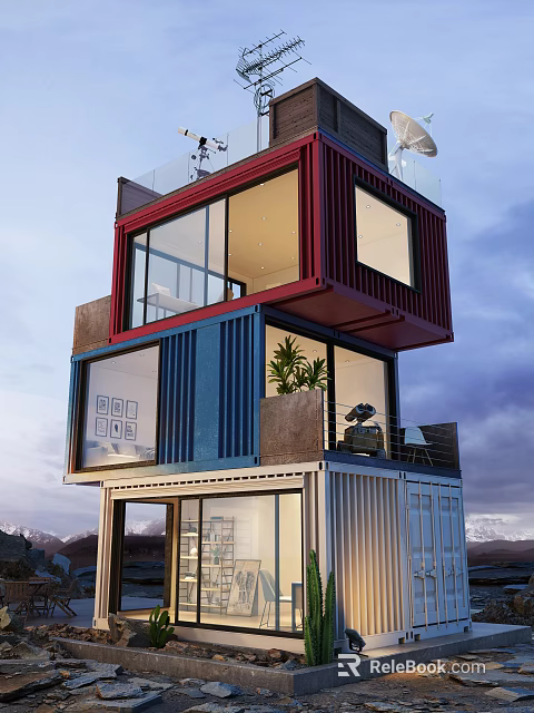 Modern Multi Storey Container Building With Colorful Containers Large Windows And Balconies 3d model