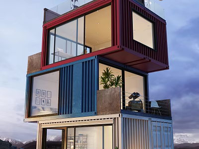 Modern Multi Storey Container Building With Colorful Containers Large Windows And Balconies 3d model