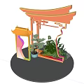 Chinese Style Photo Check In Spot With Traditional Pavilion Colorful Decorations And Green Plants