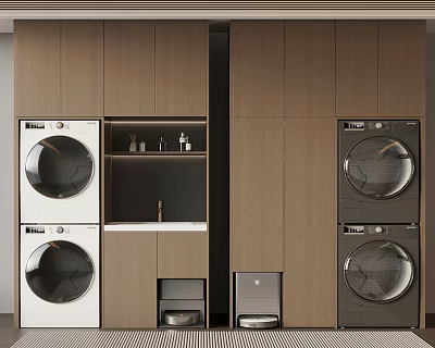 Modern Laundry Room Interior With Stacked Washing Machines Dryers And Wooden Cabinets 3d model