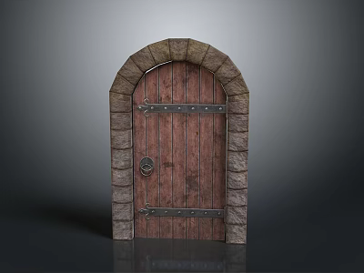 Arched Wooden Door With Stone Frame Metal Accents And Knocker Design 3d model