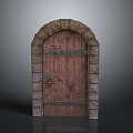 Arched Wooden Door With Stone Frame Metal Accents And Knocker Design